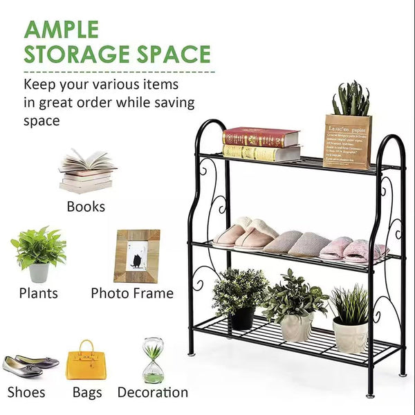Indoor/Outdoor Black Metal 3-Tier Bookcase Plant Stand Shelving Rack