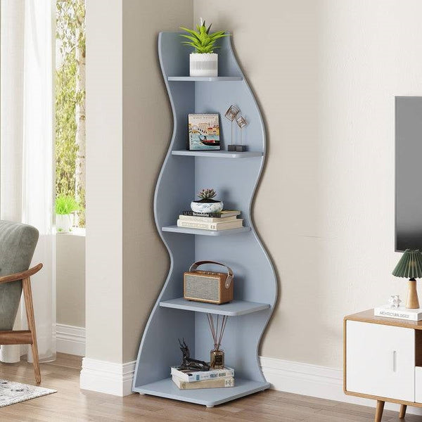 Modern Whimsical 5 Shelf Corner Bookcase Stand Blue Wood Finish