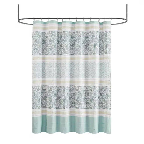 72 x 72-in Cotton Shower Curtain with Teal Blue Grey Cream White Paisley Pattern