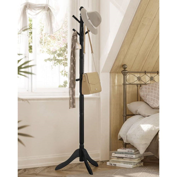 Solid Wood Coat Rack with 10 Hooks in Black Finish