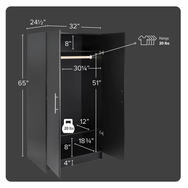 Bedroom Armoire Wardrobe Cabinet with Hanging Rail in Black Wood Finish