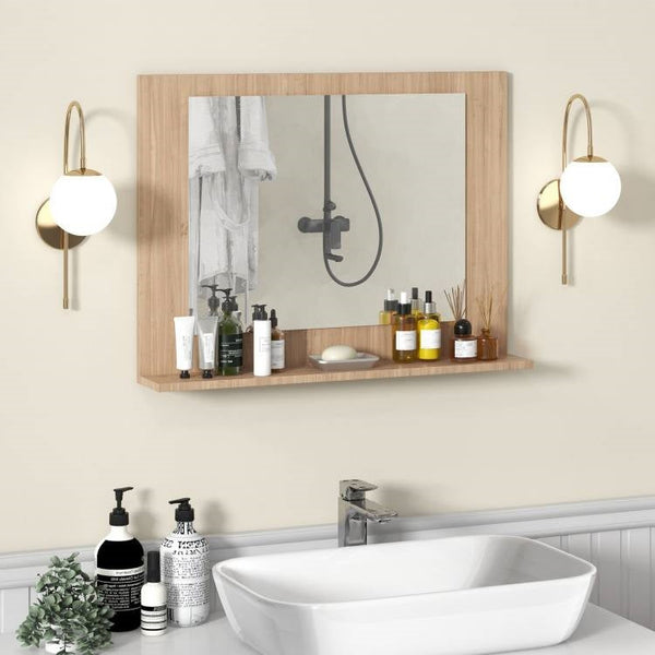 Rectangular 23 x 17 inch Bathroom Wall Mirror with Shelf in Brown Wood Finish