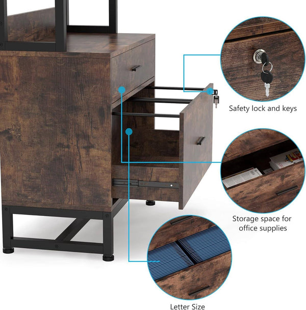 Home Office Lockable 2 Drawer Filing Cabinet Bookshelf in Brown Wood Finish