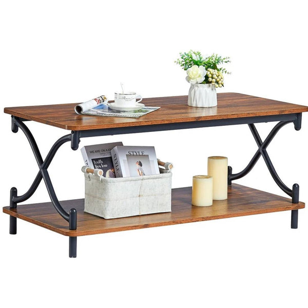 Modern Industrial Black Metal Brown Wood Coffee Table with Lower Storage Shelf