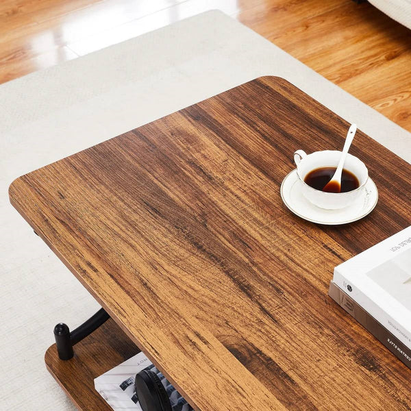 Modern Industrial Black Metal Brown Wood Coffee Table with Lower Storage Shelf