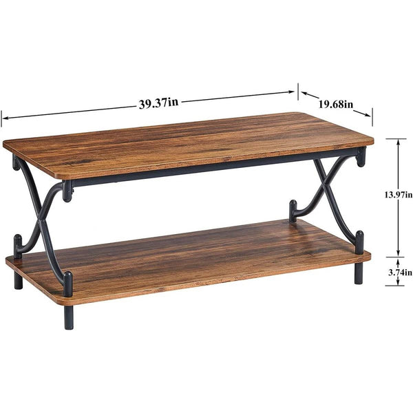 Modern Industrial Black Metal Brown Wood Coffee Table with Lower Storage Shelf