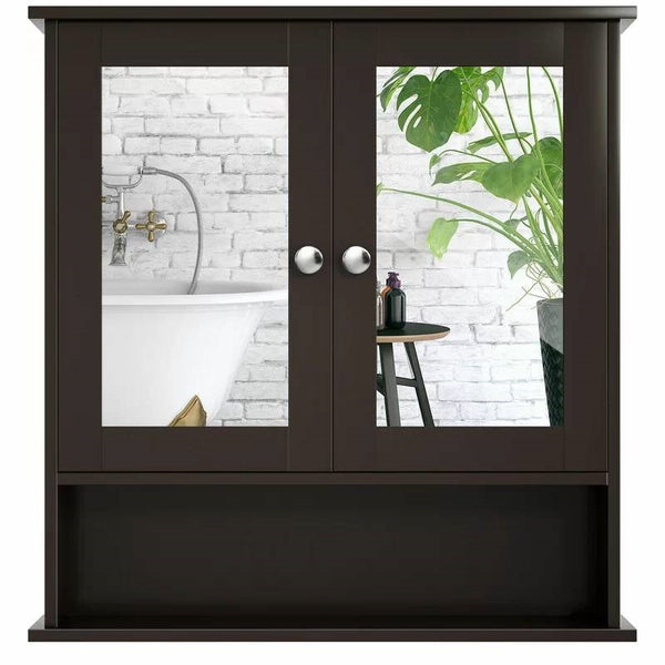 Brown Wooden Bathroom Wall / Medicine Cabinet with Mirrored Doors and Shelf