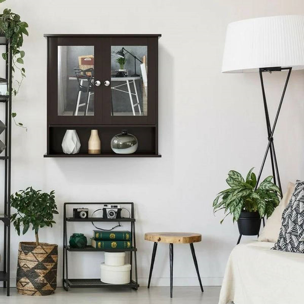 Brown Wooden Bathroom Wall / Medicine Cabinet with Mirrored Doors and Shelf