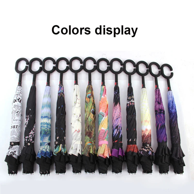 C Handle Windproof Reverse Folding Umbrella Man Women Sun Rain Car Inverted Umbrellas