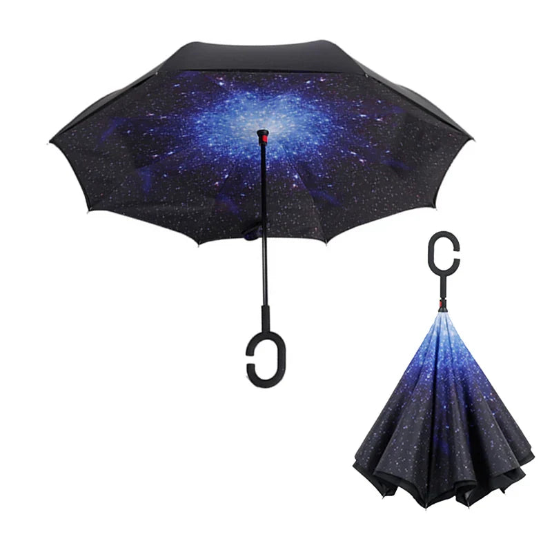 C Handle Windproof Reverse Folding Umbrella Man Women Sun Rain Car Inverted Umbrellas