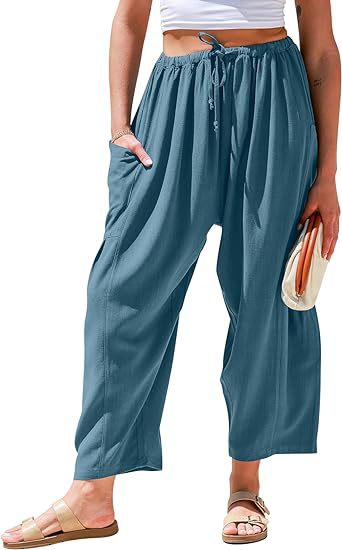 European and American women's elastic waisted pleated high waisted wide leg loose Haren cotton linen pants