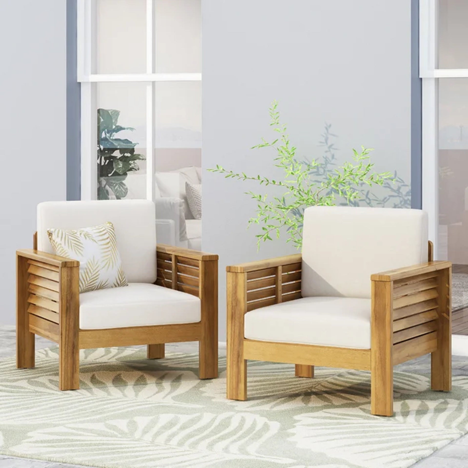 ( Set of 2) Outdoor Acacia Wood Club Chairs with Cushions, Teak+Beige, 27.75