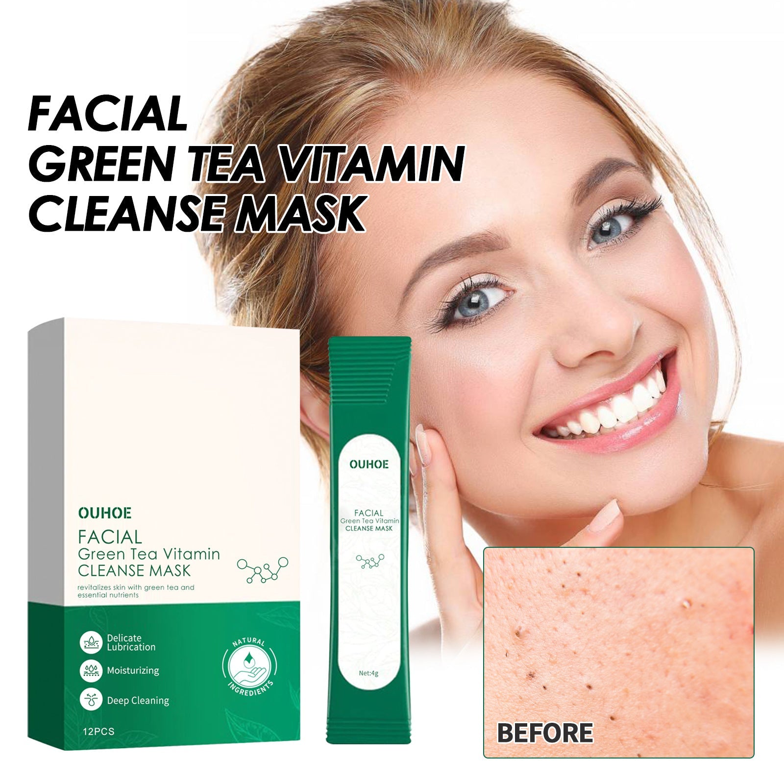 Facial Green Tea Vitamin Cleanse Mask, Facial Acne Deep Moisturizing Smear Delicate Pores Tender Skin