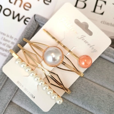 4PCS Korea Fashion Metal Hairpins Imitiation Pearl Colorful Beads Hair Clips for Women Irregular Geometric Hair Accessories