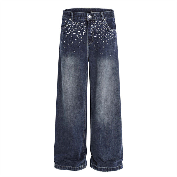 Street Design Floral Embroidered Denim Wide-Leg Long Pants Men's Vibe Trendy Washed Distressed Straight Leg Trousers