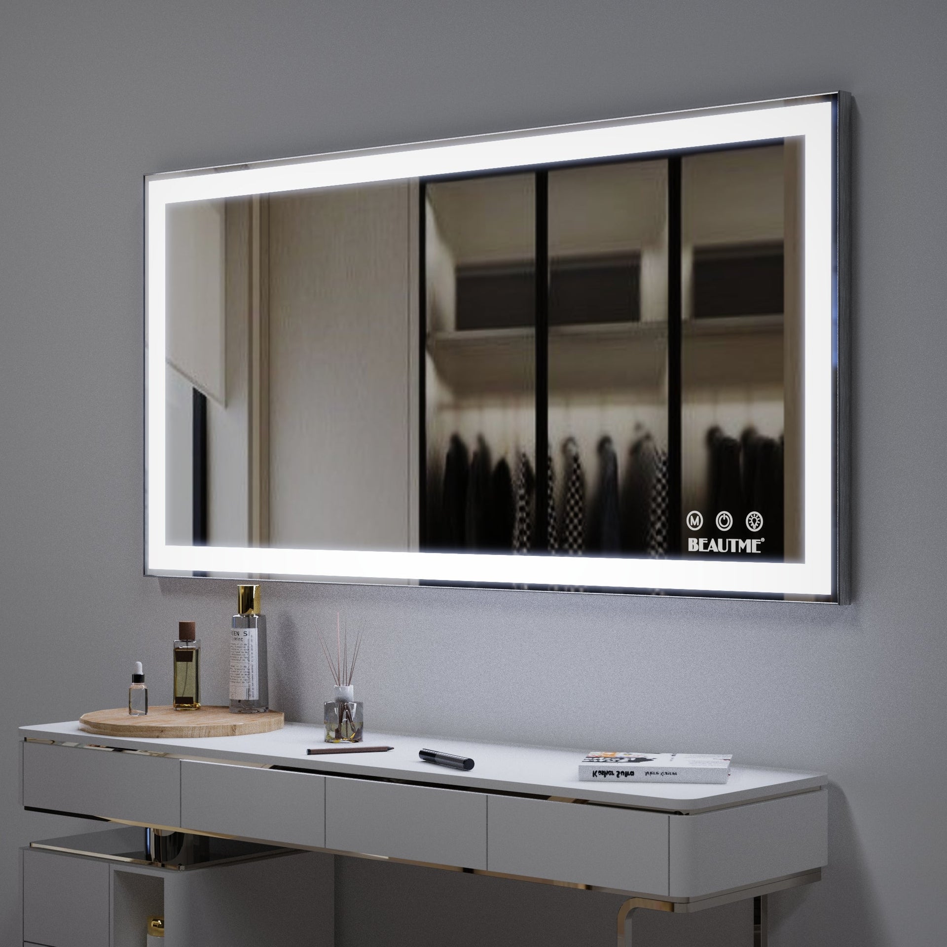 48x24 inch LED bathroom makeup mirror wall mounted adjustable light anti fog touch switch with memory intelligent large bathroom