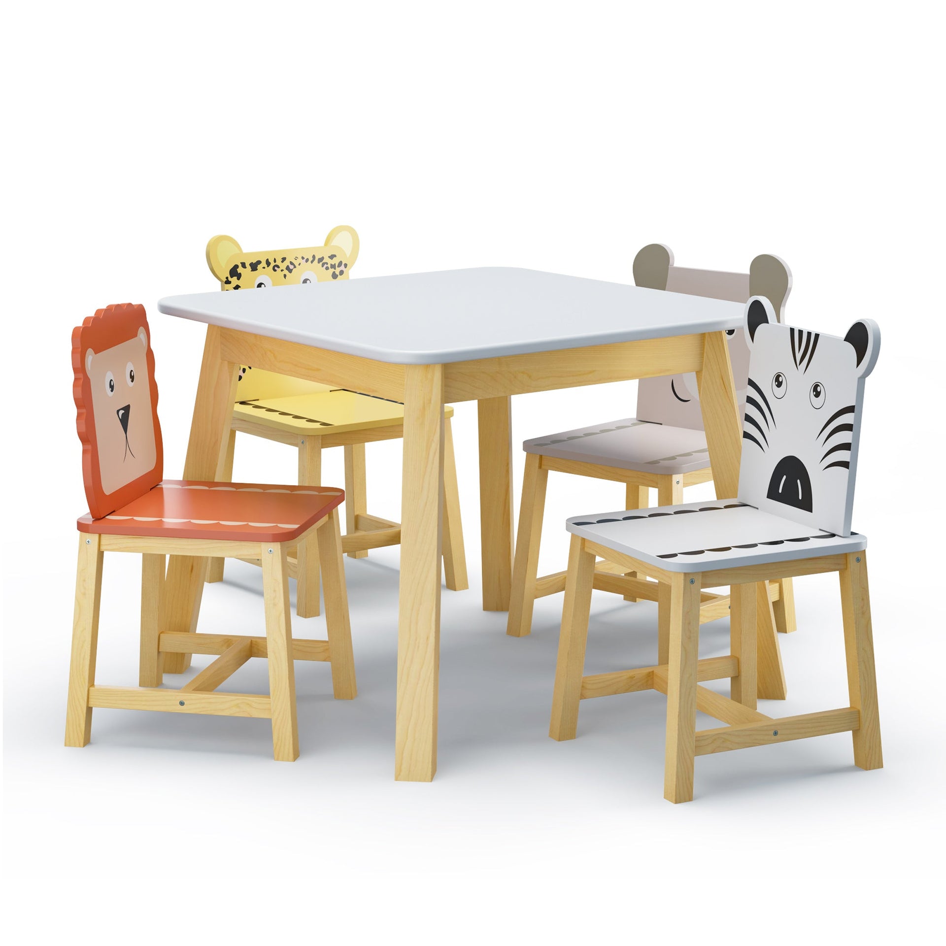 5 Piece Kiddy Table and Chair Set  Kids Wood Table with 4 Chairs Set Cartoon Animals (bigger table) (3-8 years old)