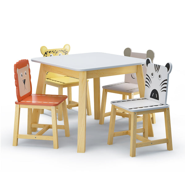 5 Piece Kiddy Table and Chair Set  Kids Wood Table with 4 Chairs Set Cartoon Animals (bigger table) (3-8 years old)