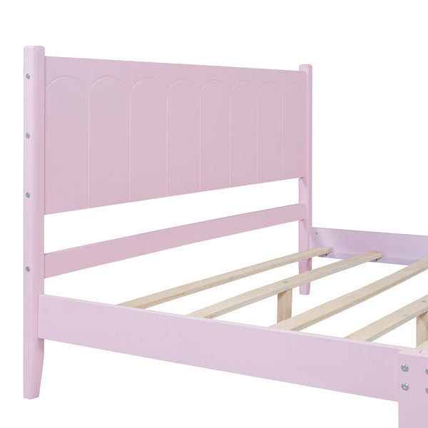 Queen Size Wood Platform Bed Frame, Retro Style Bed with Rectangular Headboard,No Need Box Spring,Pink