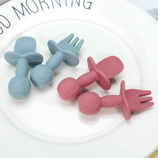 Licking Spoon for Baby Learning to Eat Training Spoon Short Handle Baby Supplementary Food Silicone Soft Spoon Fork Spoon Tableware 2-piece Set