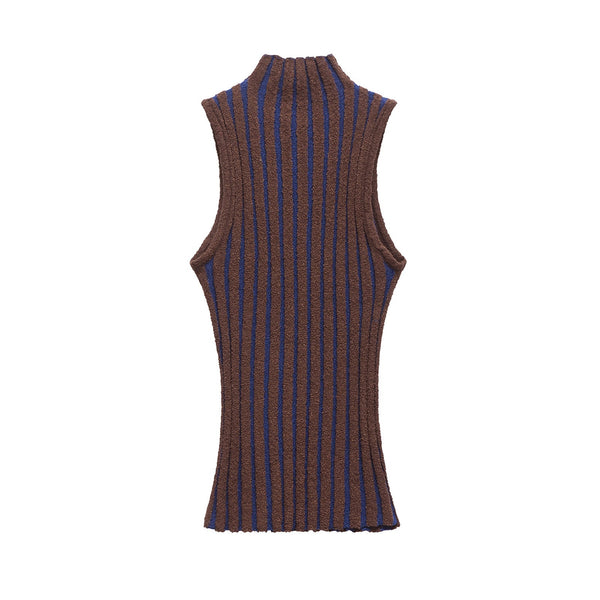 Half high neck sleeveless slim knit sweater for women