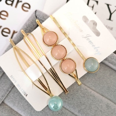 4PCS Korea Fashion Metal Hairpins Imitiation Pearl Colorful Beads Hair Clips for Women Irregular Geometric Hair Accessories
