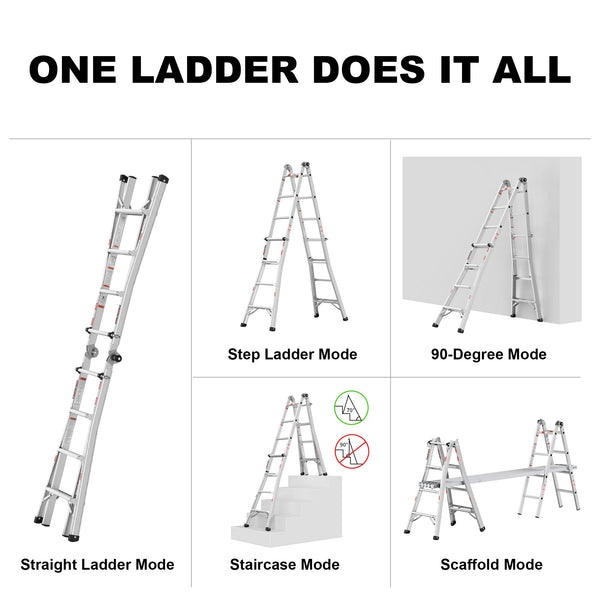 17ft Multi-Position Foldable Aluminum Ladder, A-Frame and Straight Ladder, ANSI 250lbs