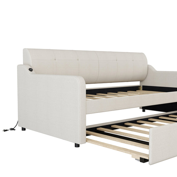Twin Size Upholstery Daybed with Trundle and USB Charging Design Trundle can be flat or erected Beige