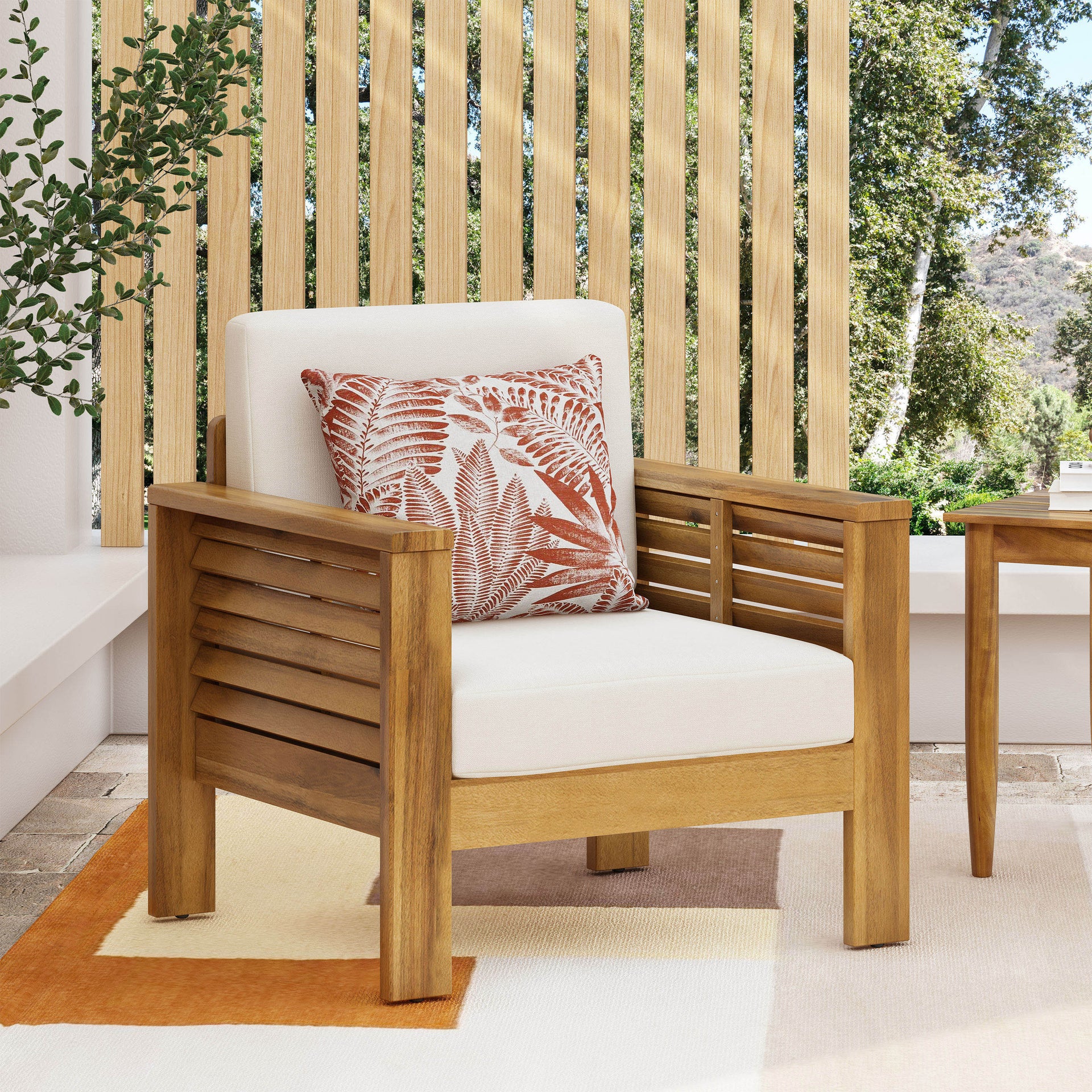 Outdoor Acacia Wood Club Chairs with Cushions, Teak+Beige, 27.75