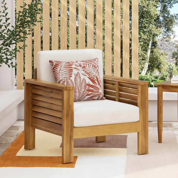 Outdoor Acacia Wood Club Chairs with Cushions, Teak+Beige, 27.75