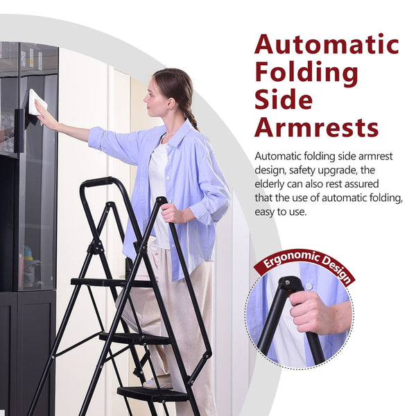 Four step ladder, lightweight folding four step stool, wide anti slip pedal and safety handle, sturdy steel ladder