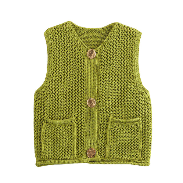 Street Fashion Crochet Hollow Vest Solid Color Versatile Round Neck Jacket