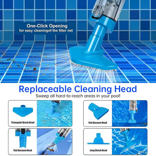 Rechargeable hand pool vacuum for spas/hot tubs/small pools, with auto immersion detector & bristle nozzle.