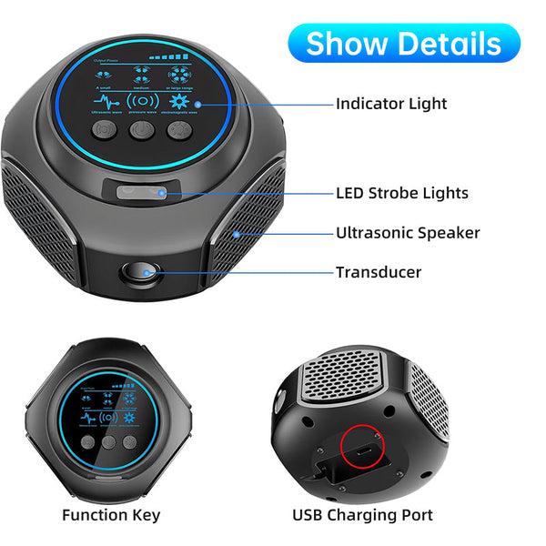 4-in-1 ultrasonic rodent repellent, 360° electronic rat repellent, repels indoor flies, cockroaches & mosquitoes.