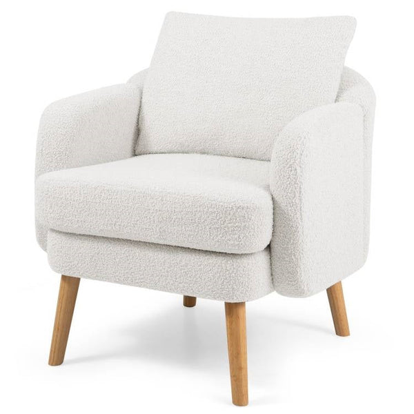 Modern White Sherpa Upholstered Accent Chair with Wooden Legs