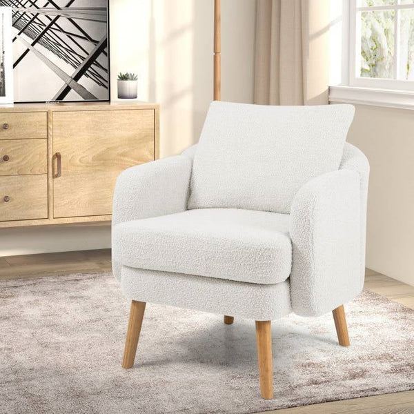 Modern White Sherpa Upholstered Accent Chair with Wooden Legs