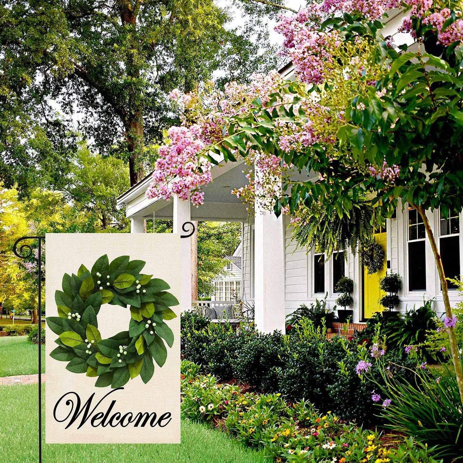 Spring Summer Welcome Wreath Garden Flag Magnolia Leaves Small Yard Flag Vertical Double Sided Burlap Farmhouse Seasonal