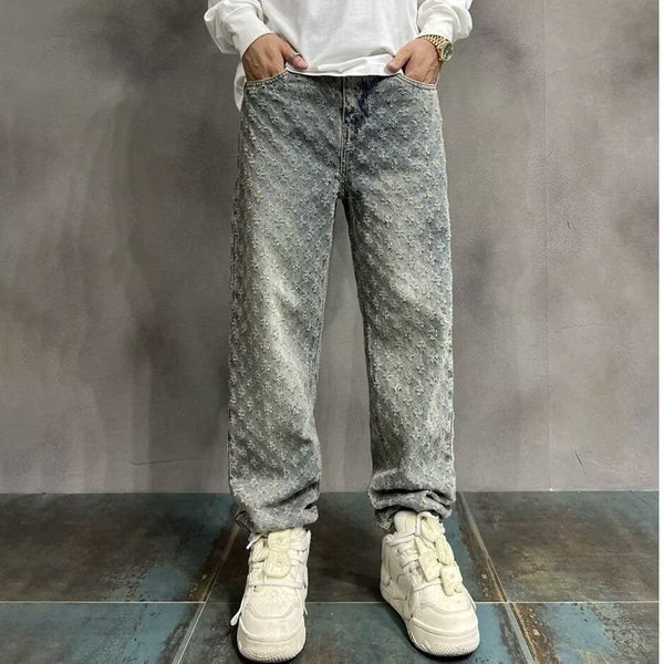 High Street Hip Hop Trousers, Trendy Brand Cool and Handsome Jacquard Full Print Jeans for Men, American Style Vibe Straight Leg Pants