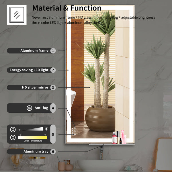 48x24 inch LED bathroom makeup mirror wall mounted adjustable light anti fog touch switch with memory intelligent large bathroom
