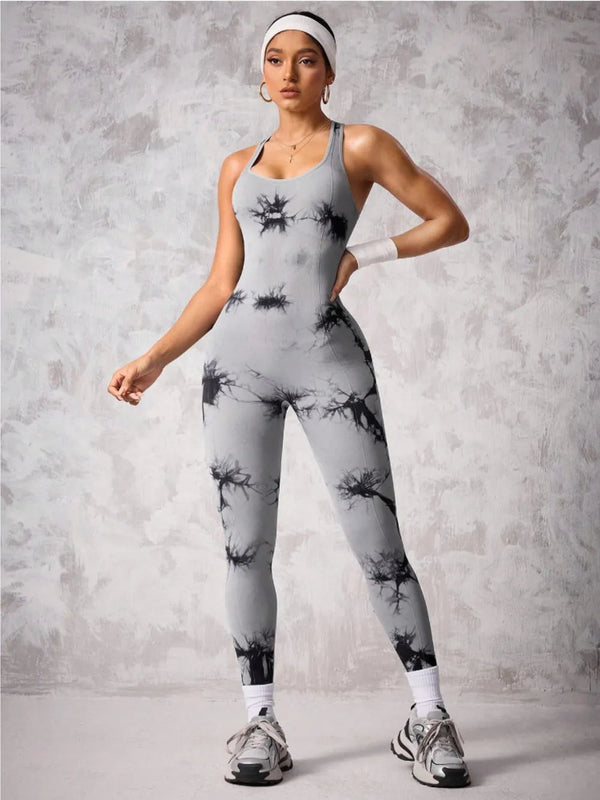 Back Crisscross Tie-Dye Scoop Neck Active Jumpsuit