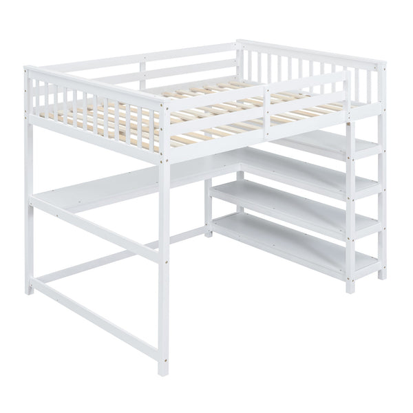 Full Size Loft Bed with Storage Shelves and Under-bed Desk  White