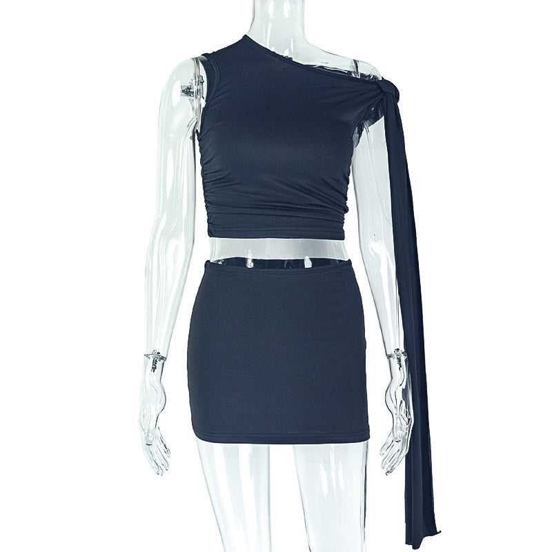 Strap Oblique Collar Asymmetric Dress Set Fitted Pencil Short Skirt Two-Piece Set Sexy Solid Color Women's Dress