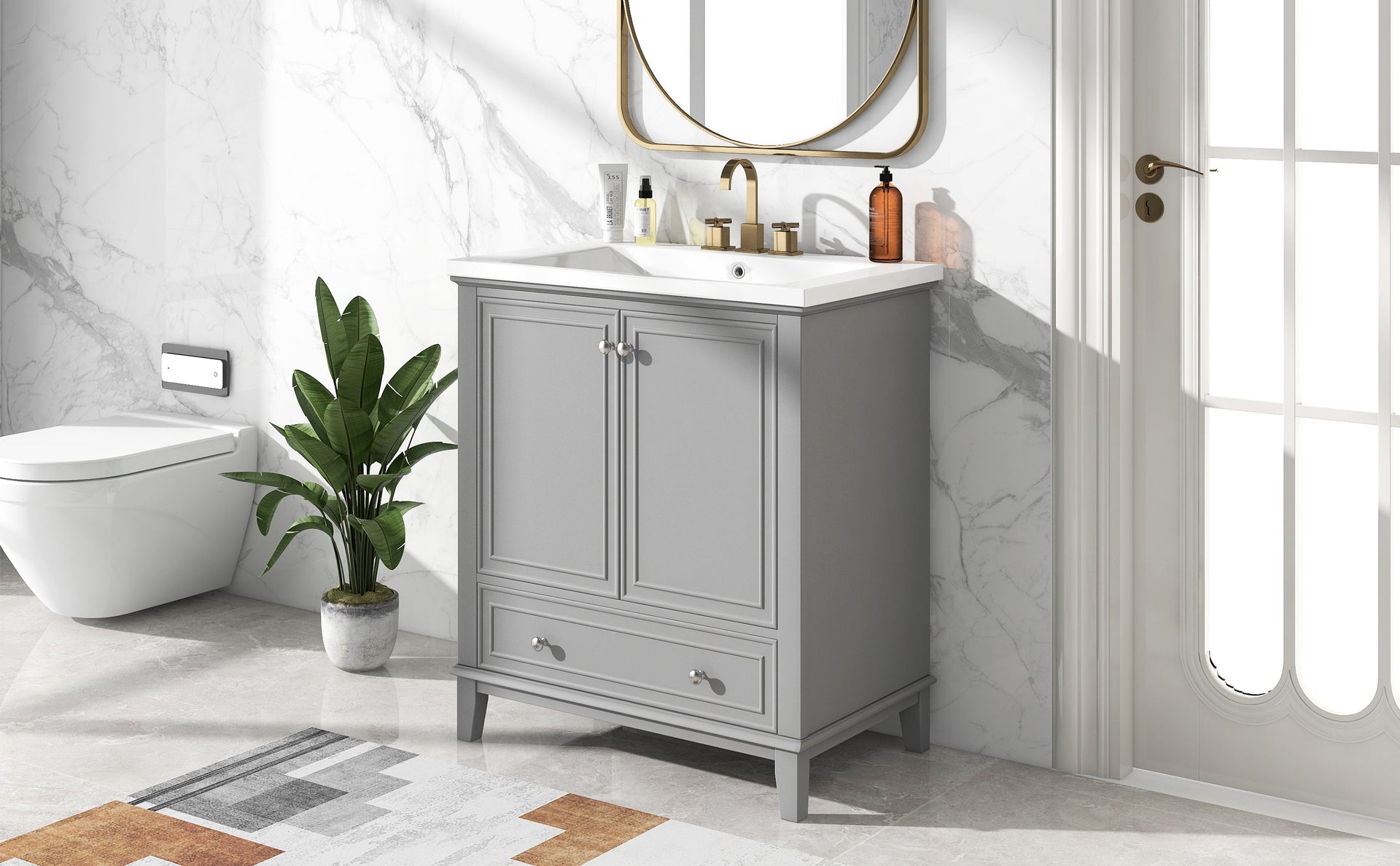 30inchgrey Bathroom Vanity with Sink ComboMulti-functional Bathroom Cabinet with Doors and Drawer Solid Frame and MDF Board