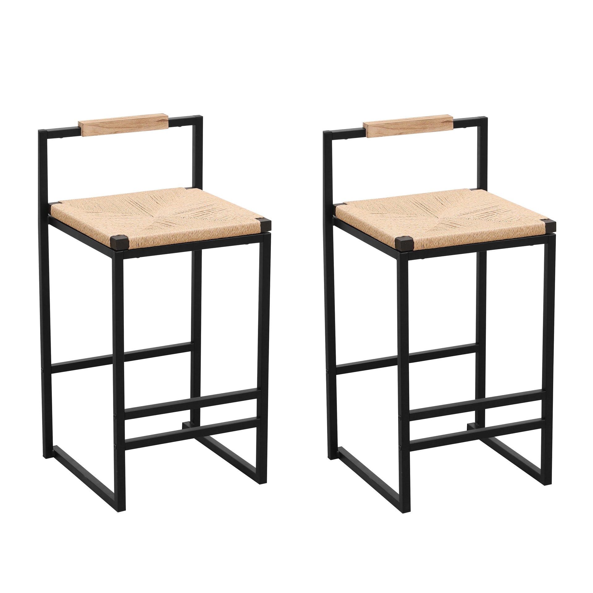 Set of 2 Bar Stools with Back Paper Rope Woven Counter Height Dining Chairs for Kitchen Home (Paper Rope with Back)