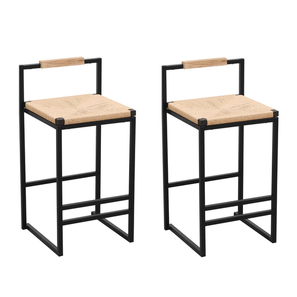 Set of 2 Bar Stools with Back Paper Rope Woven Counter Height Dining Chairs for Kitchen Home (Paper Rope with Back)