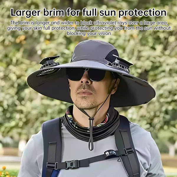 Solar fan hat: wide - brim bucket hat with 2 solar fans, men’s summer cap for outdoor fishing, camping, hiking.