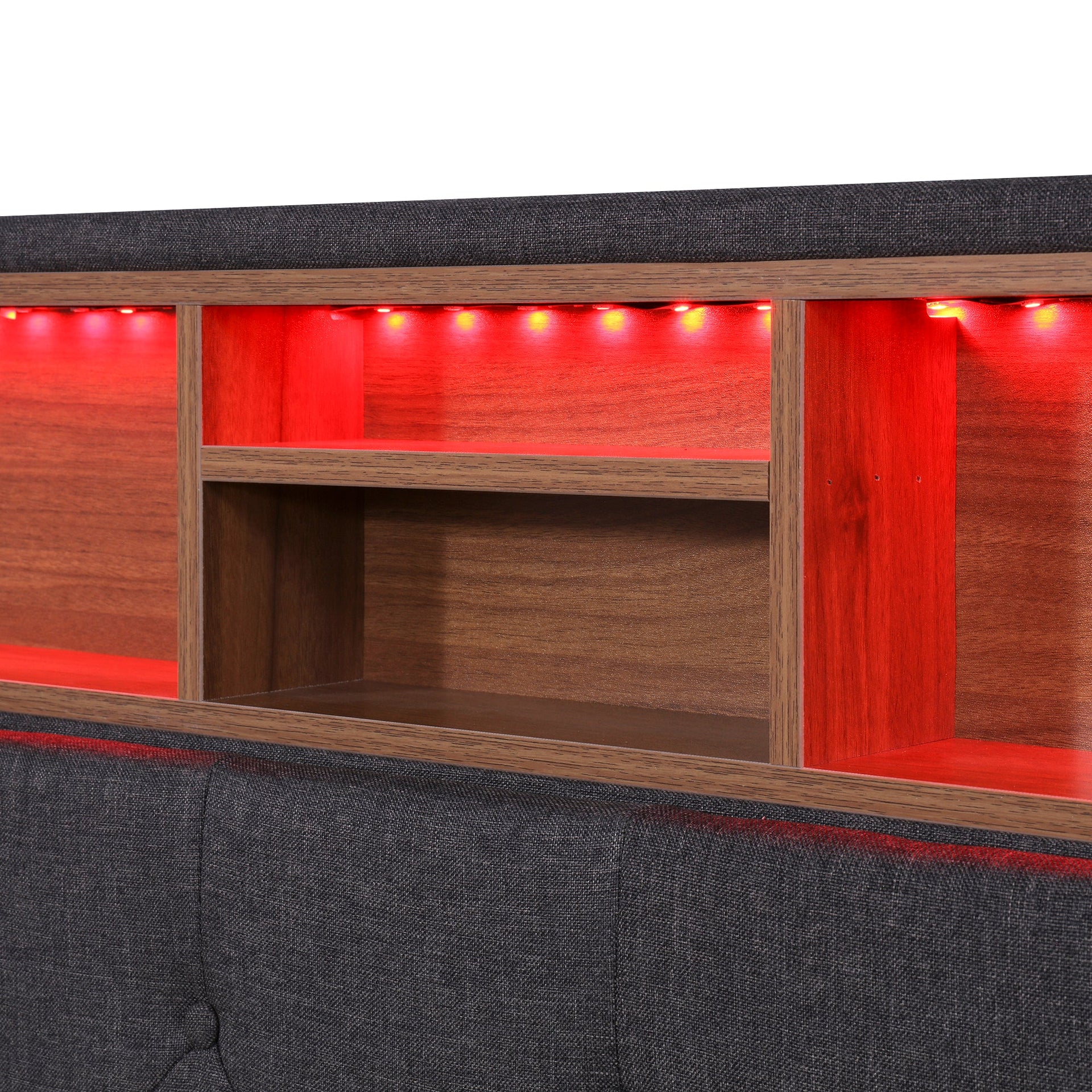 Queen Size Upholstered Platform Bed with Storage Headboard, LED, USB Charging and 2 Drawers Dark Gray