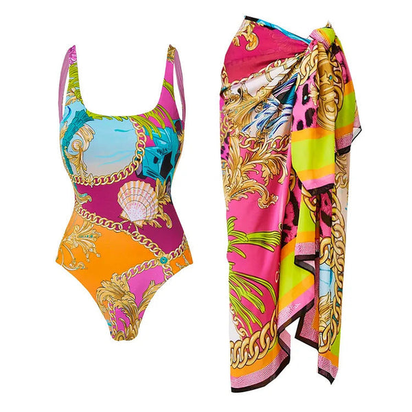 Cartoon print contrasting one-piece swimsuit set for women