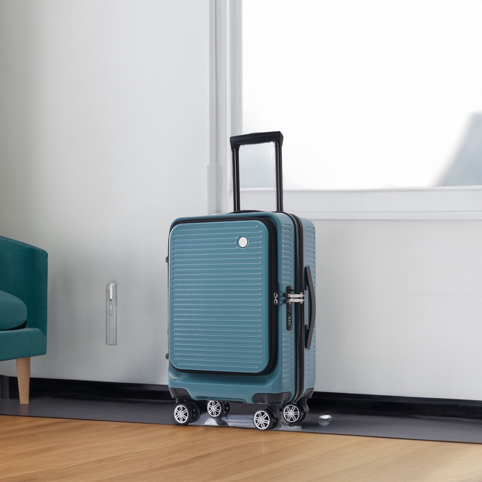 Carry-on Luggage 20 Inch Front Open Luggage Lightweight Suitcase with Front Pocket and USB Port, 1 Portable Carrying Case  Blue