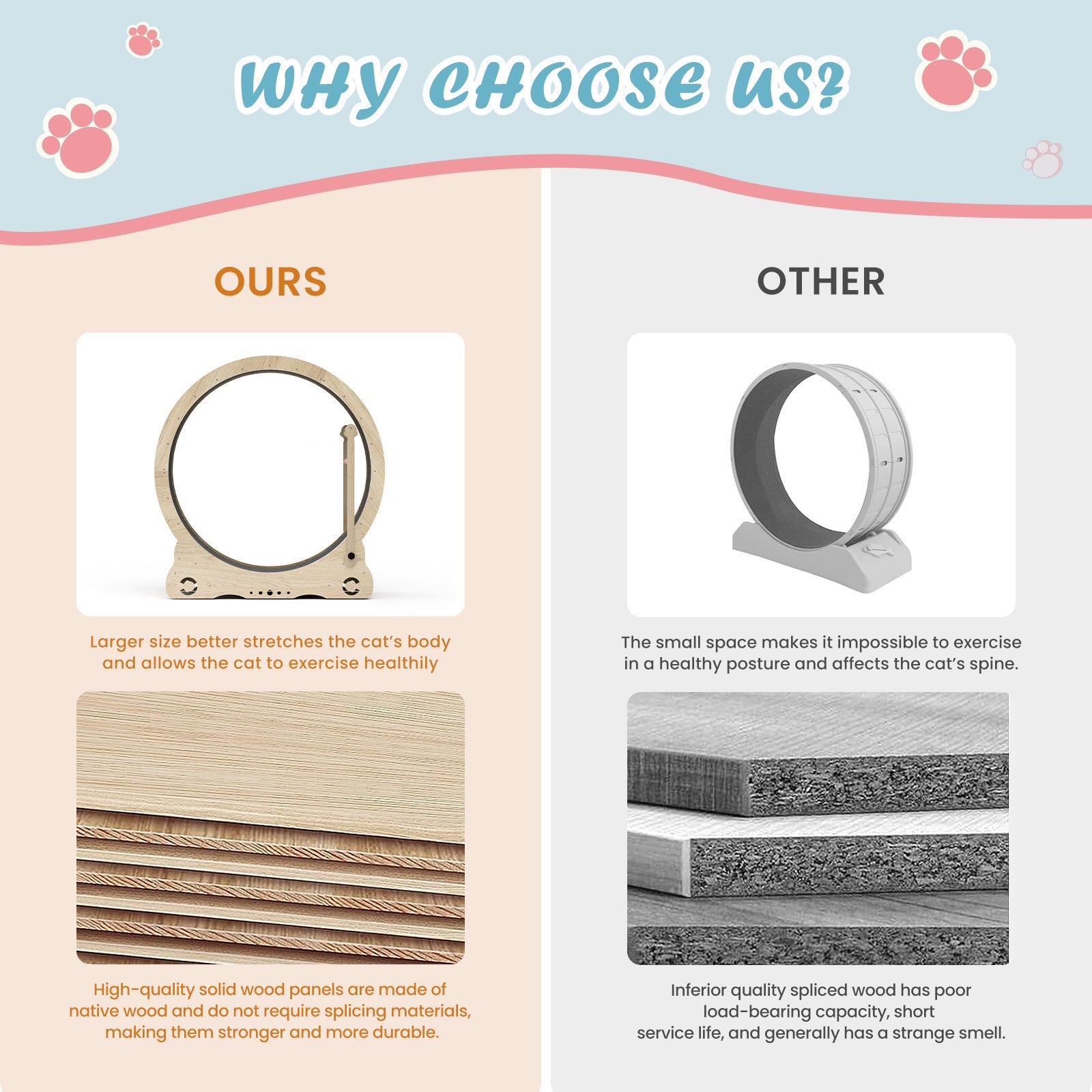 Indoor cat treadmill with carpet, tear device and latch natural wood, 39.4 inches long x 13.2 inches wide x 41.3 inches high